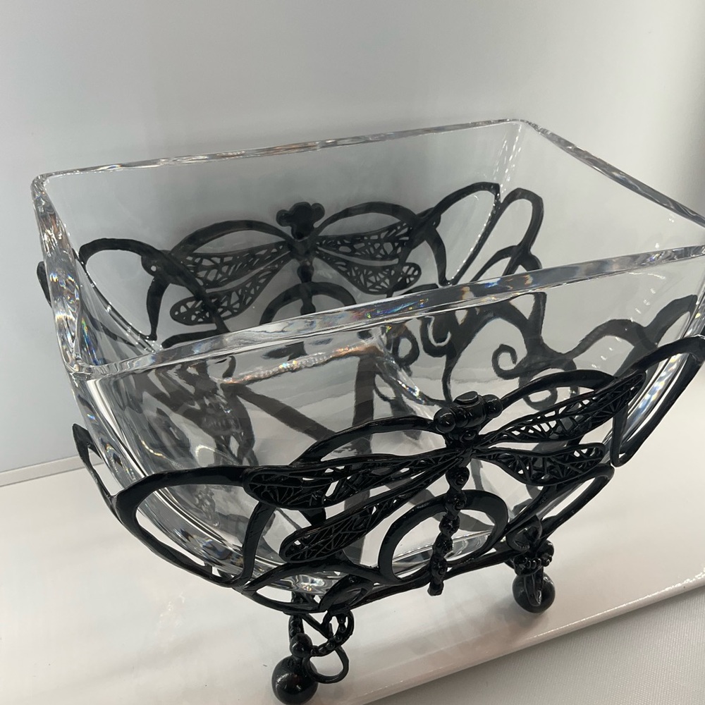 CASTILIAN Poland Crystal Bowl & Dragonfly Hefty Centerpiece 2 Pieces RARE! - Picture 4 of 14